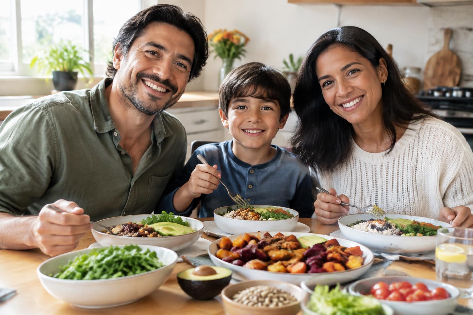 Familia sonriendo mientras comparte una comida saludable