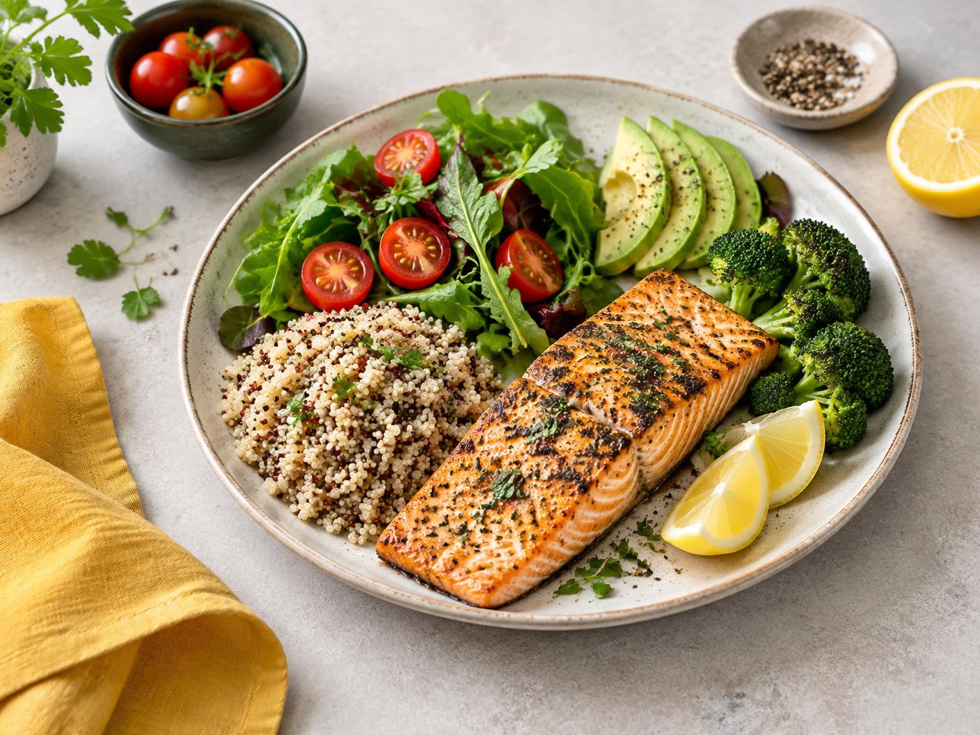 Plato equilibrado con salmón, vegetales, aguacate y quinoa